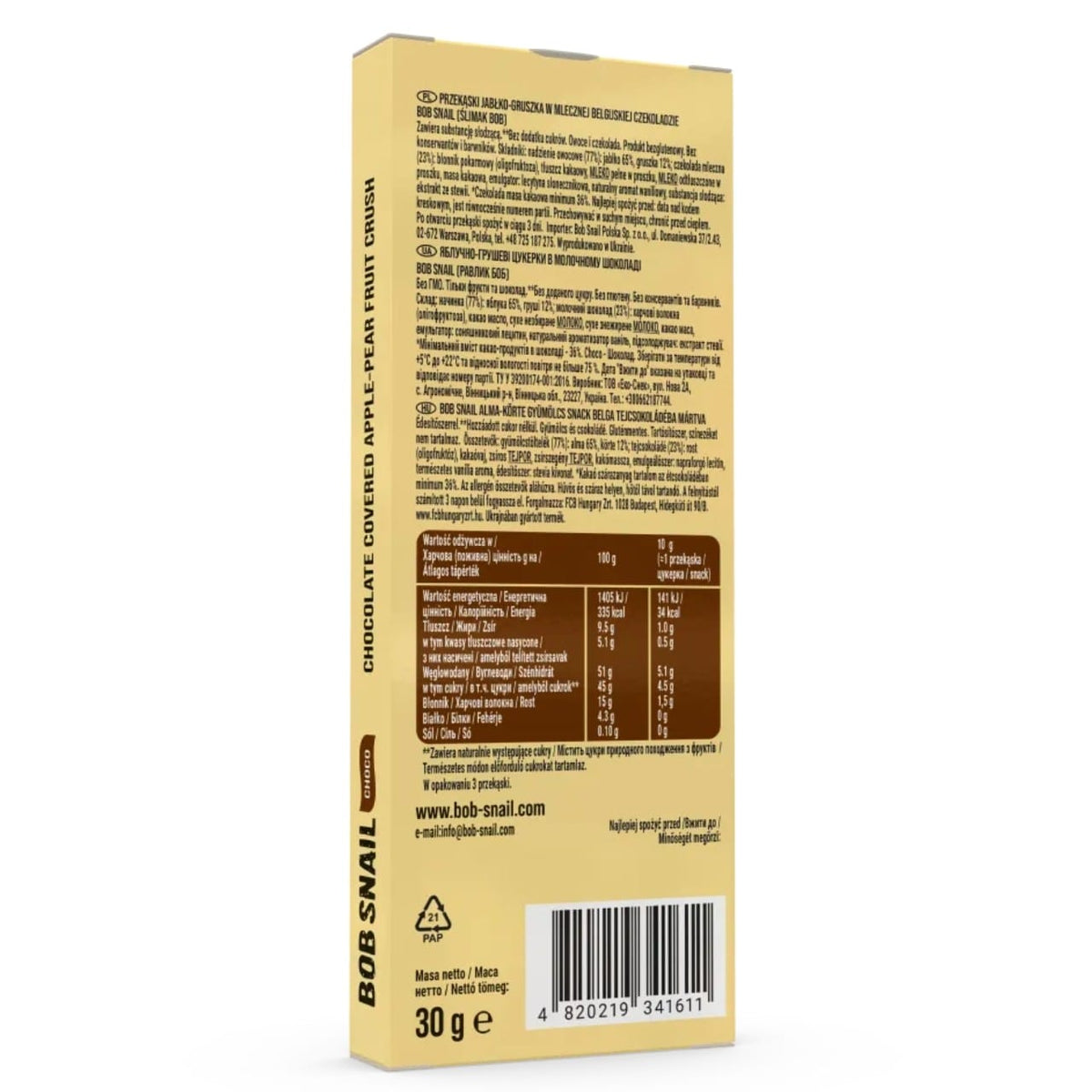 Bob Snail Apple & Pear Snack in Belgian Chocolate, Sugar-Free - 30 g
